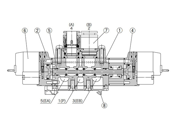 3-position closed center / exhaust center / pressure center structure drawing