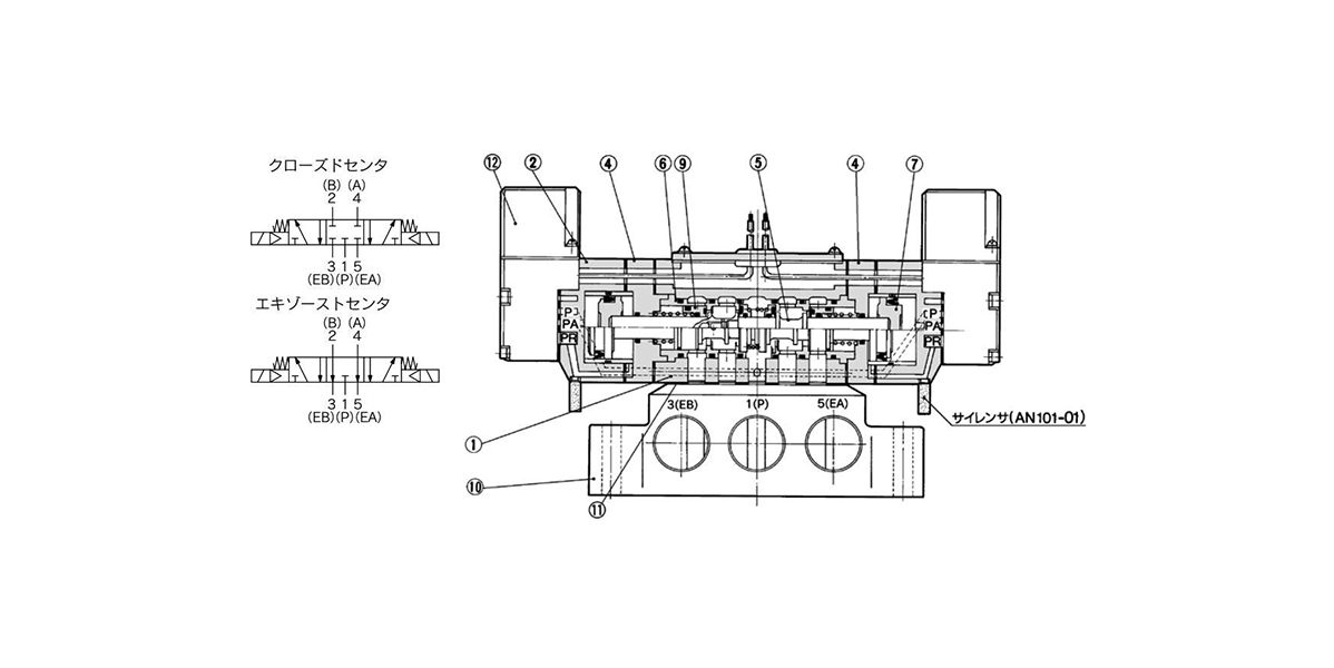 3-position closed center / exhaust center structure drawing / connection drawing