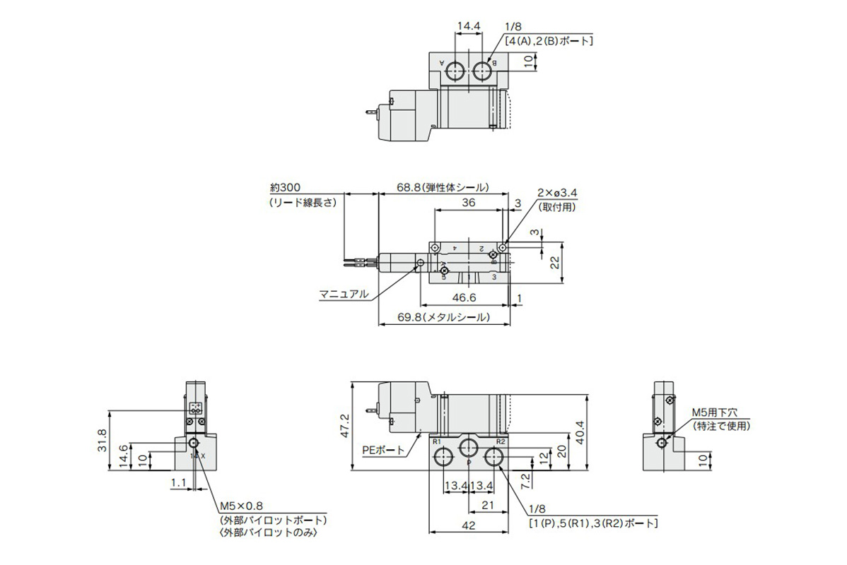 2 position single / grommet (G): VQZ1150 / 1 (R)-□G□1-01 dimensional drawing