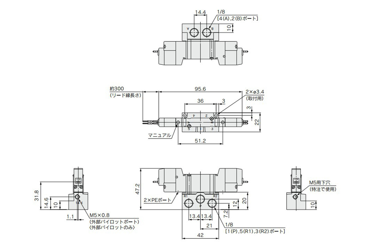 2-position double / grommet (G): VQZ1250 / 1 (R)-□G□1-01 dimensional drawing