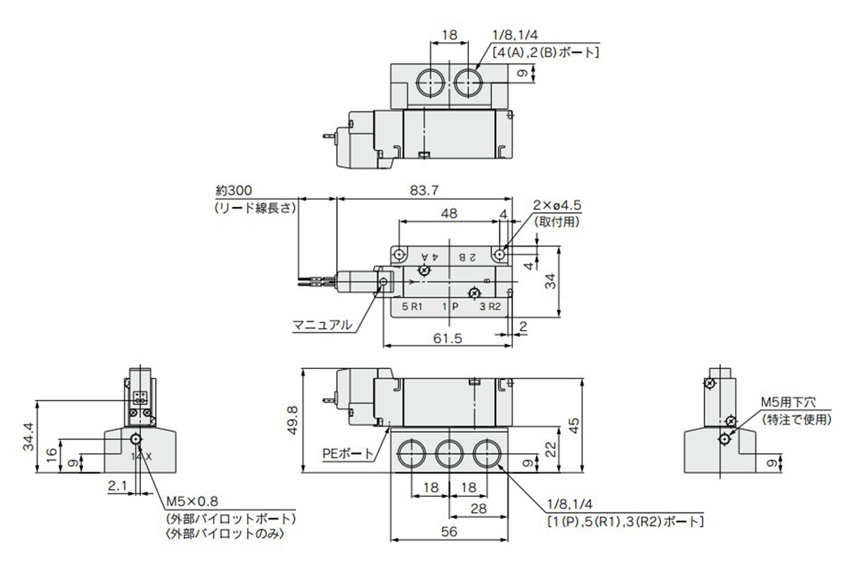 2 position single / grommet (G): VQZ2150 / 1 (R)-□G□1-01 / 02 dimensional drawing