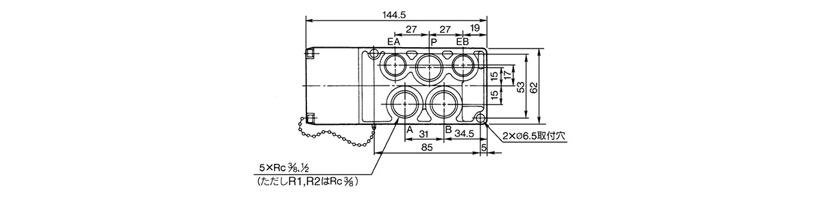 2-position single: VFS4100-□F(Z) with bottom piping, dimensional drawing