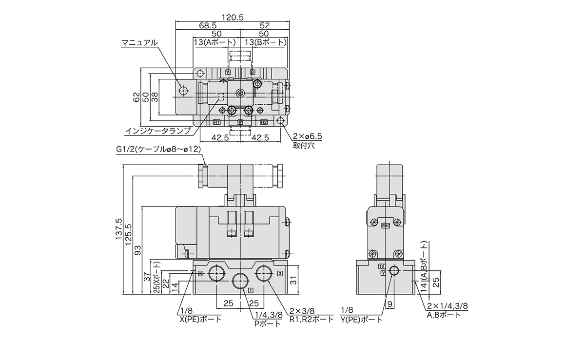 2-position single: VQ7-6-FG-S / 2-position single (reverse pressure): VQ7-6-YZ-S dimensional drawing