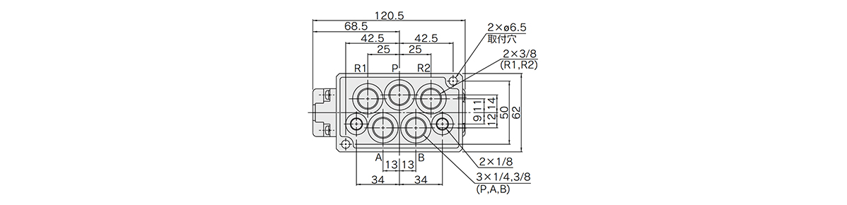 2-position single: VQ7-6-FG-S / 2-position single (reverse pressure): VQ7-6-YZ-S bottom piping dimensional drawing