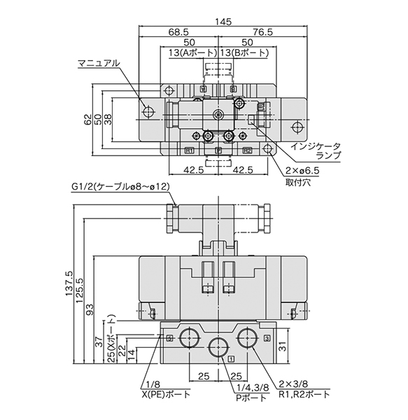 2-position double: VQ7-6-FG-D / 2-position double (reverse pressure): VQ7-6-YZ-D dimensional drawing