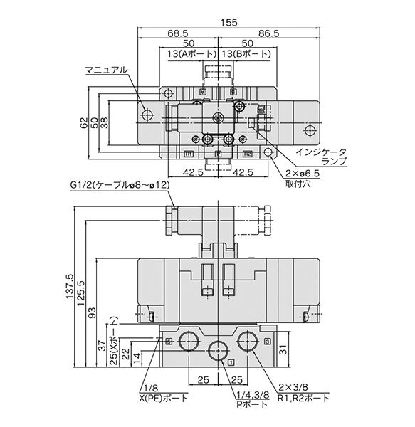 3-position closed center: VQ7-6-FHG-D / 3-position exhaust center: VQ7-6-FJG-D / 3-position pressure center: VQ7-6-FIG-D dimensional drawing