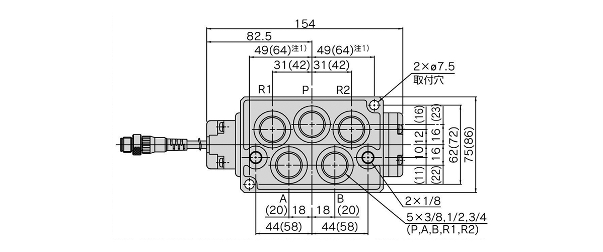 2-position single: VQ7-8-FG-S / 2-position single (reverse pressure): VQ7-8-YZ-S bottom piping dimensional drawing