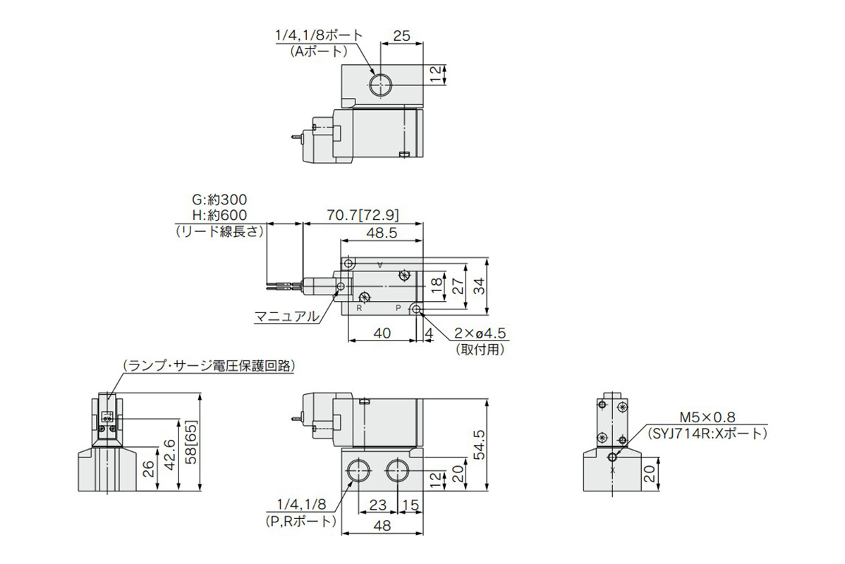 Grommet (G), (H): SYJ7□4-□(G/H)□□-(01/02)□ dimensional drawing