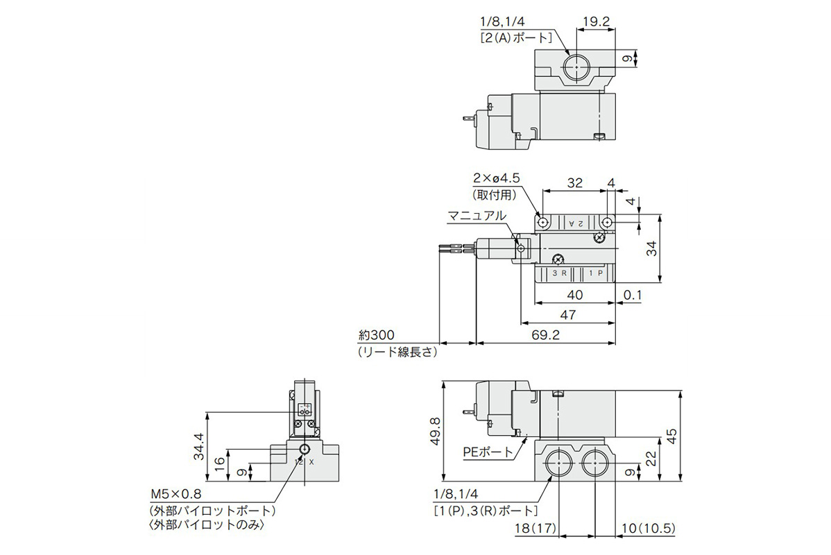 Single unit grommet (G): VQZ2□5□-□G□1-(01/02) dimensional drawing