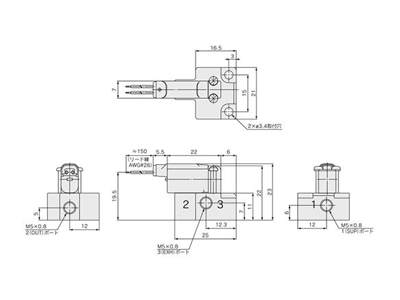 S070B-□□G-M5 Grommet Type dimensional outline drawings