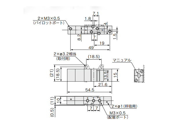 3 position closed center / exhaust center / pressure center: SYJA33/4/5/20-M3(-F) dimensional drawing