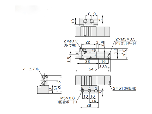 3 position closed center / exhaust center / pressure center: SYJA33/4/5/40-M5(-F) dimensional drawing