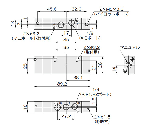 3 position closed center / exhaust center / pressure center: SYJA73/4/5/20-01 dimensional drawing