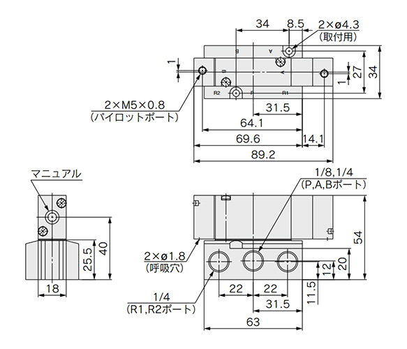 3 position closed center / exhaust center / pressure center: SYJA73/4/5/40-01/02 dimensional drawing