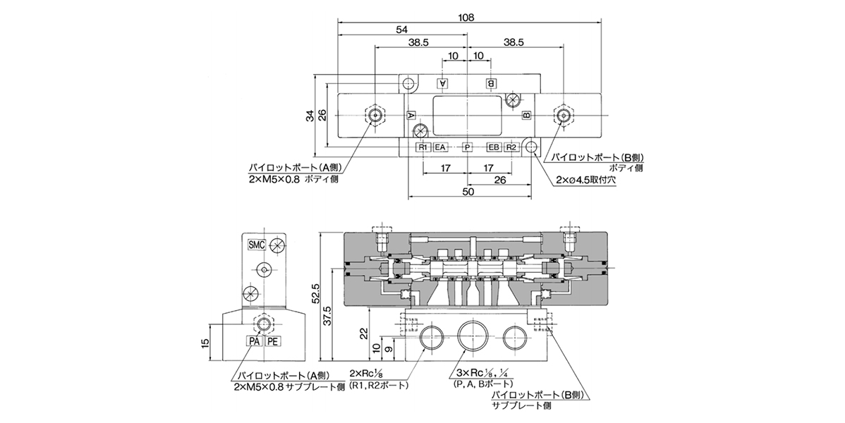 3-position exhaust center: VZA4441-□-01/02 dimensional drawing