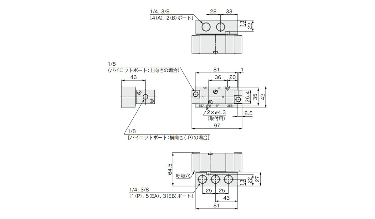 3 position closed center / exhaust center / pressure center: VFA3/3/4/5/40-02/03□(-P) dimensional drawing