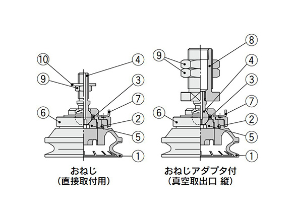 Pad with ball joint adapter (male thread: ø32 to 50 mm) structural drawing, (male thread [for direct mounting], with male thread adapter [vacuum entry port / vertical])