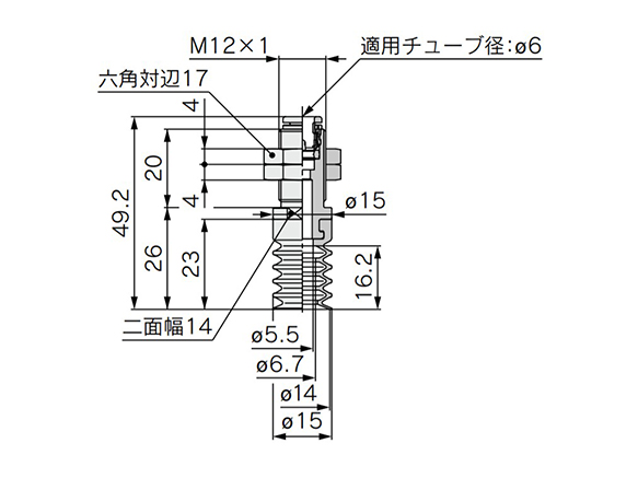 Vacuum inlet: one-touch fitting type ZP2-TB15ZJS□-AL12-06 dimensional drawing