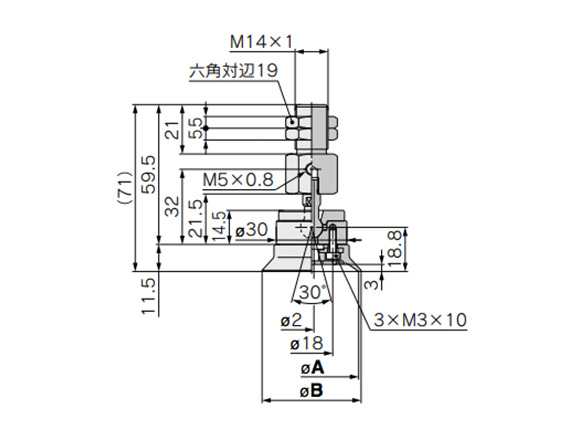 ZP2-XF40/50H□ (Vacuum Entry Direction: Lateral) dimensional drawing