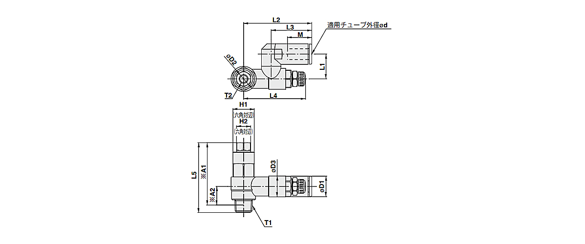 Speed Controller With Pilot Check Valve, dimensional drawing (metric size)