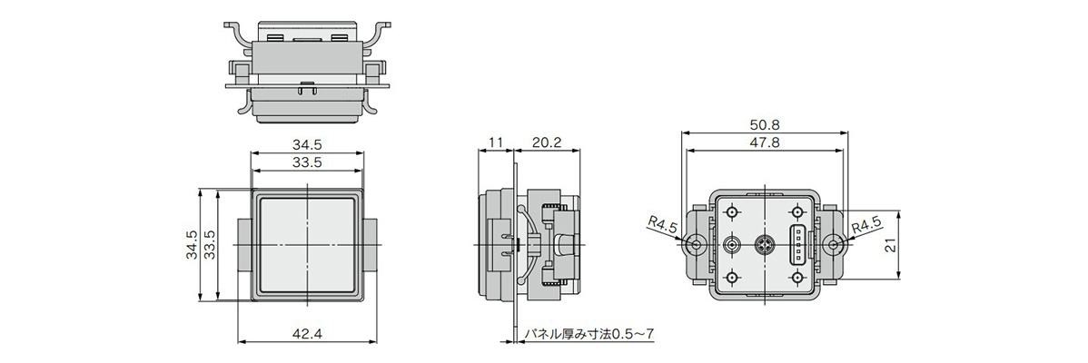 Dimensional drawing of D Panel mount adapter + front protective cover