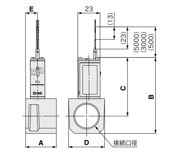 Dimensional drawing of IS10E (pressure switch with piping adapter)