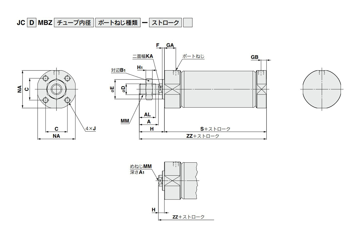 Dimensional drawings: basic (female thread on rod cover) (BZ)