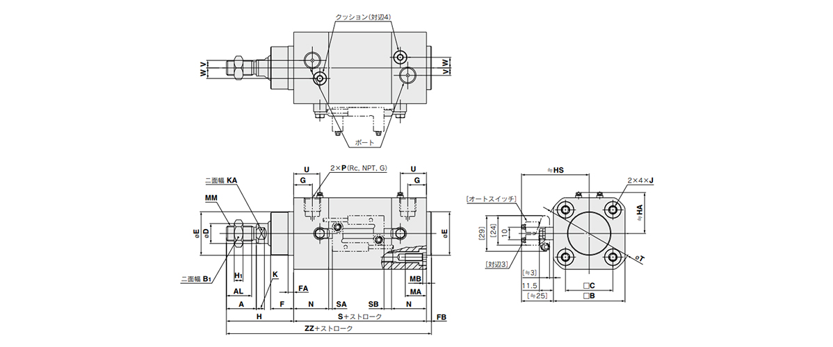 Drawing: with auto switch, HYDCB32 to 63