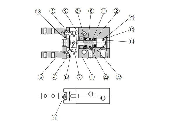 Double acting / with fingers open structure drawing