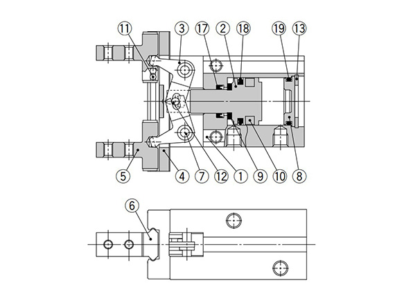 Double acting / with fingers open structure drawing