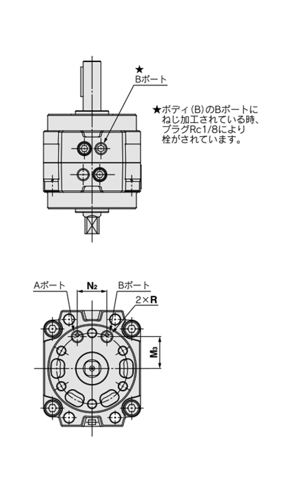 Axial ported (port location) CRB1BW□-□SE, CRB1BW□-□DE dimensional drawing