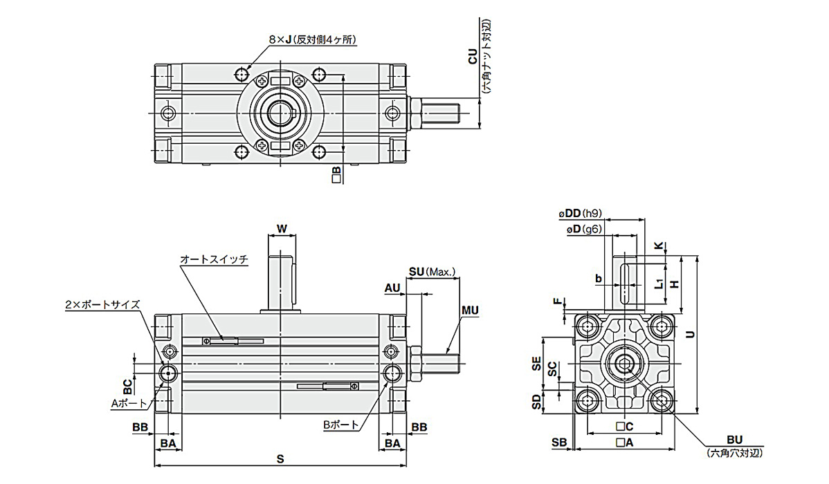 Size 50, 63, 80, 100 / single shaft / C□RA1BSU dimensional drawing