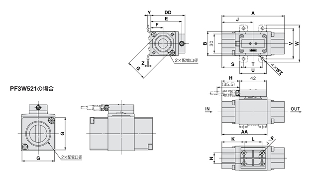 3-color display, digital flow switch for water, PF3W series, separate sensor unit: PF3W504/520/540/511/521 drawing