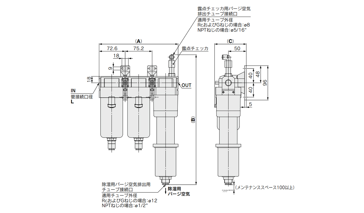 Dimensions: with fitting for purge air discharge (semi-standard: P)