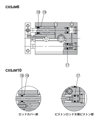 Structural drawing of dual rod cylinder, CXS Series, seal set, CXSJM (plain bearing) type