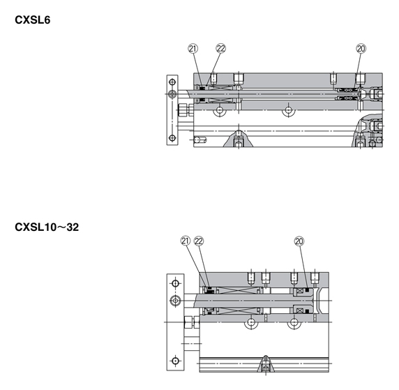 Structural drawing of Dual Rod Cylinder CXS Series seal set CXSL type