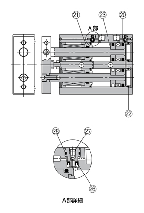 Structural drawing of Dual Rod Cylinder CXS Series seal set CXSL / type with air cushion