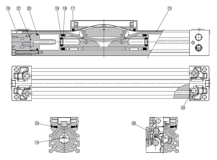 Structural drawing of Mechanical Joint Type Rodless Cylinder MY Series seal set seal belt MY1B type