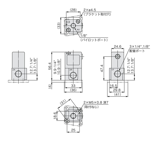 3-port air operated valve, VTA301 Series base piping type: Drawing of VTA301-□□□