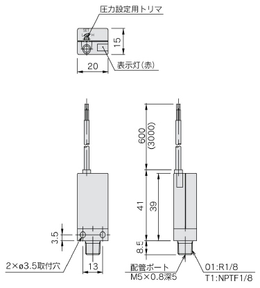 Compact pressure switch, ZSE2/ISE2 series, ISE2□-01/T1: Grommet type / ISE2-01/T1-15 drawing