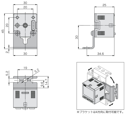 2 outputs + analog output (voltage/current) 3 screens, high-precision digital pressure switch, ZSE20A (F)/ISE20A series, A1: Bracket A drawing