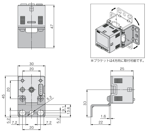 2 outputs + analog output (voltage/current) 3 screens, high-precision digital pressure switch, ZSE20A (F)/ISE20A series, A2: Bracket B drawing