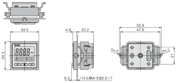 2 outputs + analog output (voltage/current) 3 screens, high-precision digital pressure switch, ZSE20A (F)/ISE20A series, B: Panel mount adapter drawing