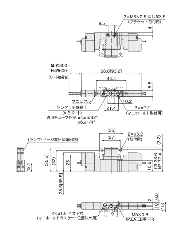 5-port solenoid valve, body ported, single unit, clean series 10-SY3000/5000/7000/9000 series, drawing 02