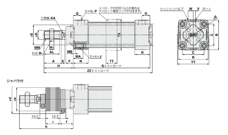 Improved water resistance, air cylinder, standard type, double acting / single rod, MB series, drawing 02