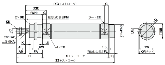 Air cylinder, standard type, single acting, spring return/extend, C75 series, drawing 1