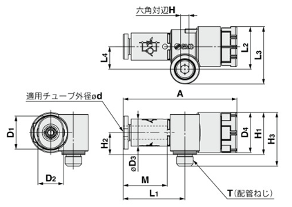 Speed controller with quick-connect fitting, push-lock type, low-profile compact, elbow type, JAS series, drawing 01