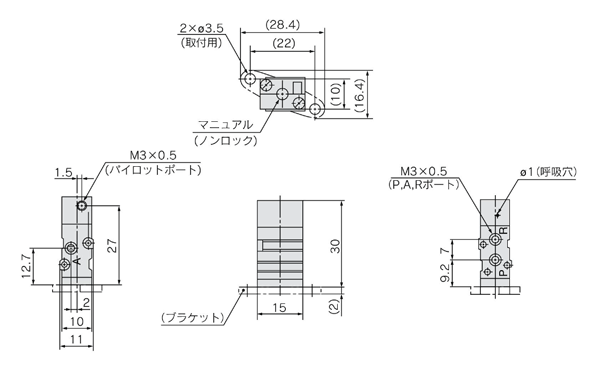 Drawing 1 of 3-port air operated valve, SYJA300 Series