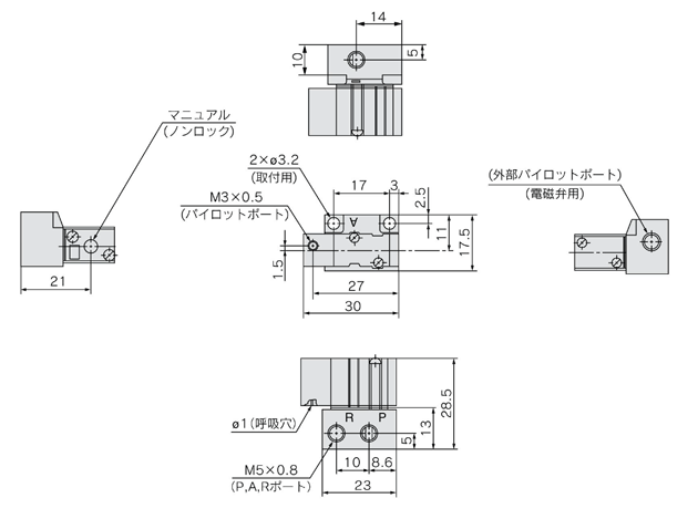 Drawing 2 of 3-port air operated valve, SYJA300 Series