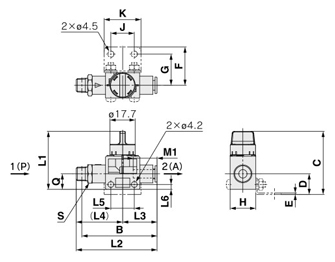 Finger valve, VHK-A series, 1(P) - Male thread / 2(A) - Quick-connect fitting drawing